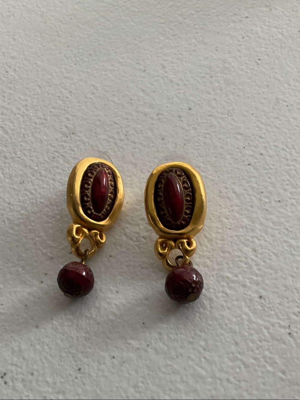 Gold-Tone Cabochon and Red Bead Drop Earrings